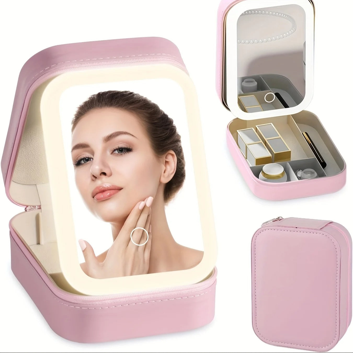 Makeup Bag With Mirror LED Travel Makeup Case & Jewelry Box Organizer